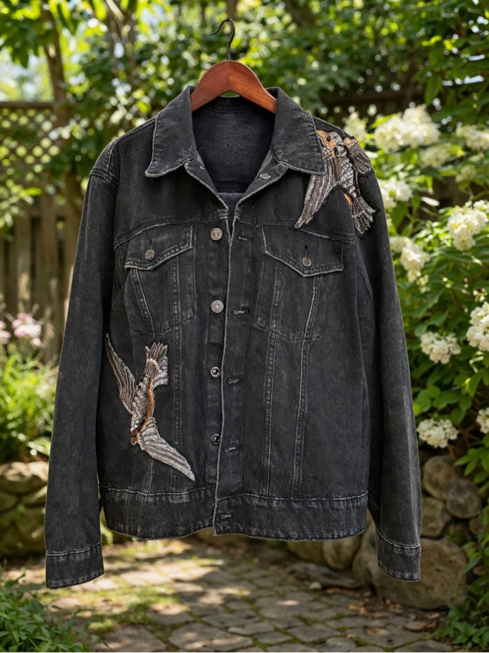 H&M Black Denim Jacket with Bird Embroidery 100% Cotton